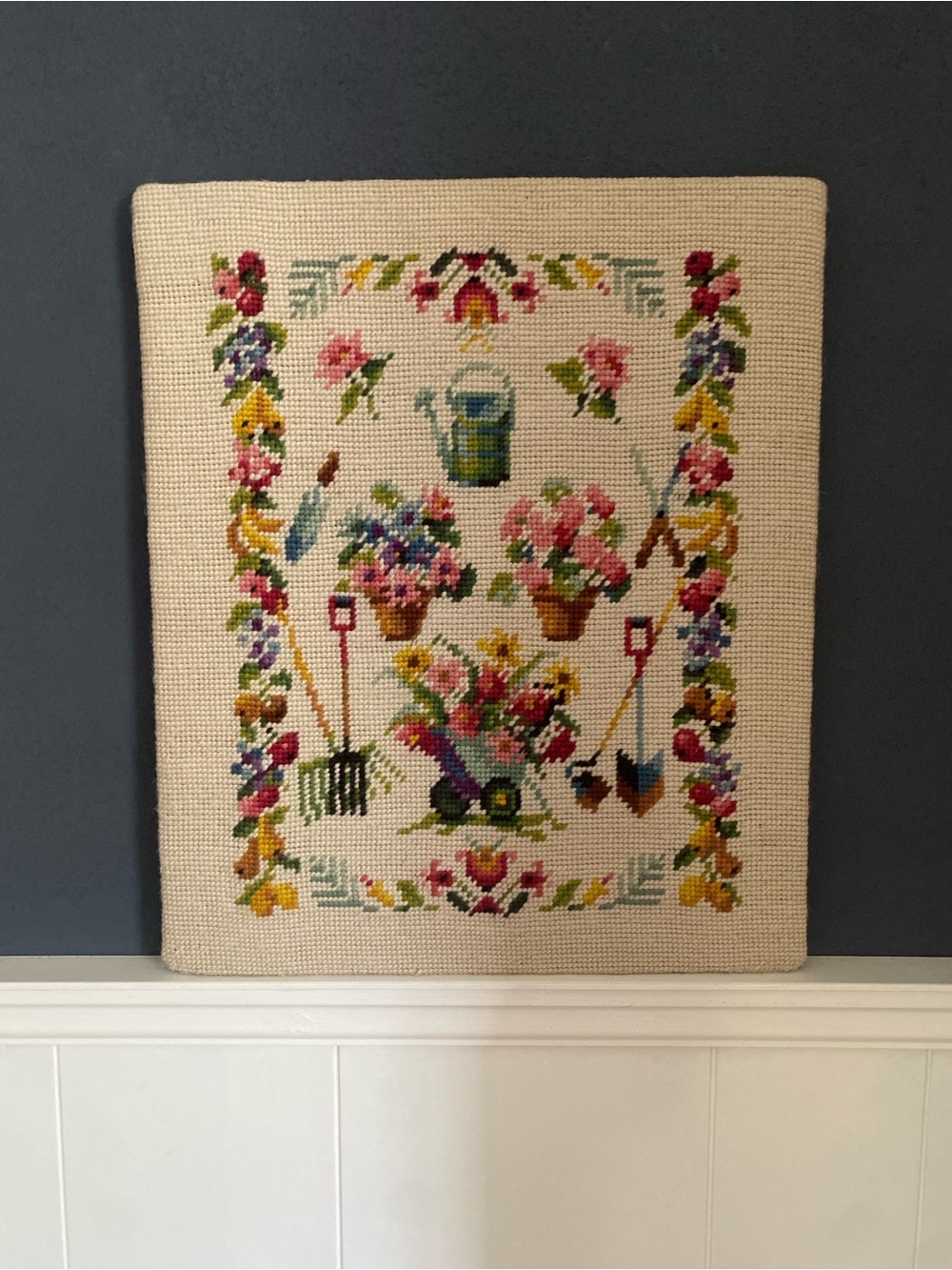 Vintage Finished Needlepoint Garden Sampler - Completed "Super Canvas" 16" x 13"